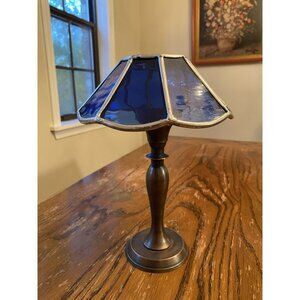 Handmade Stained Glass Blue Tealight Candle Lamp With Brass Base
